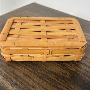 Vintage small woven bamboo box, hinged lid, made in Japan, 5.5x1.5x3.5”